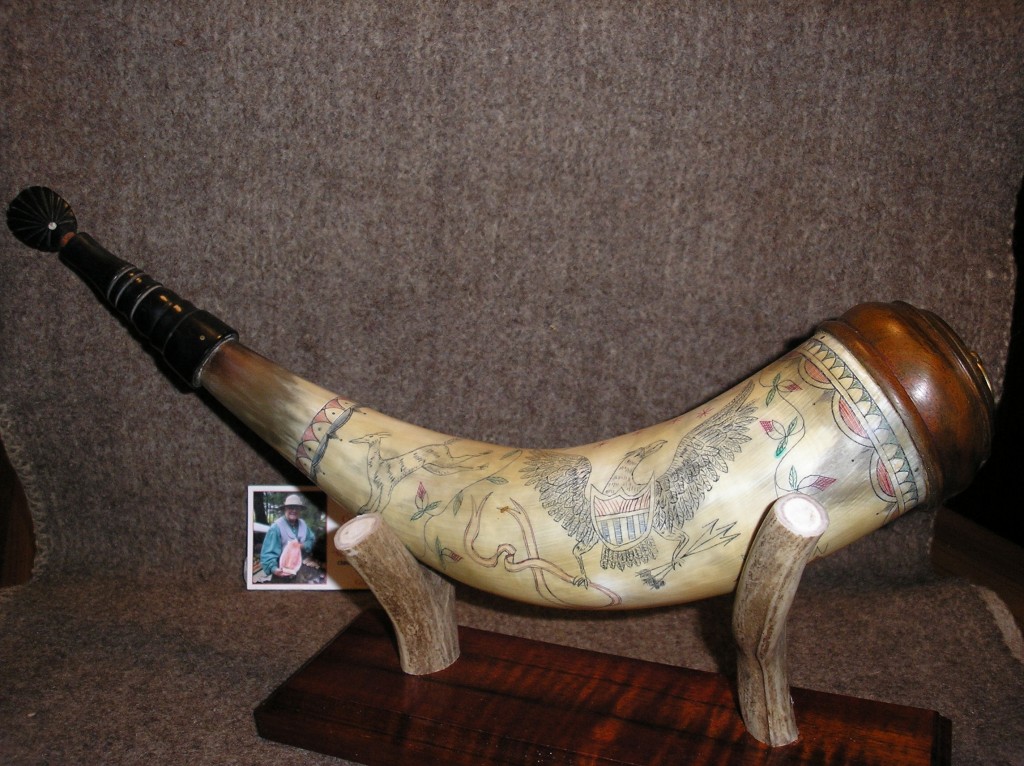 Jerry Frank Federal HornHere is a left hand carry, polychrome and engraved Federal style horn by Jerry Frank. This horn features a walnut base and an applied tip.Photo by Jerry Frank